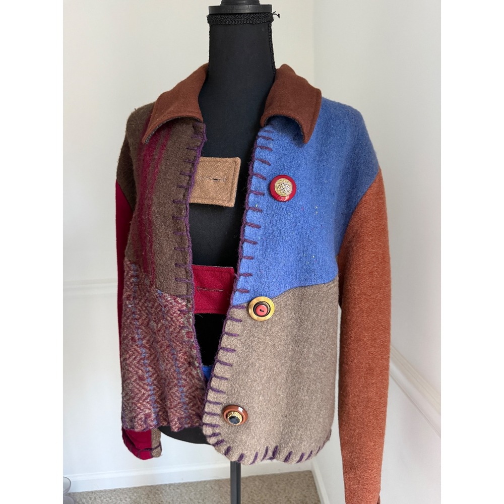 Baabaazuzu Vtg Wool Patchwork Jacket Boho Art‎ to Wear sz L eclectic Whimsygoth - Picture 11 of 12